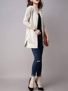 Collarless Snap Front Crochet Hollow Out Trench Coats