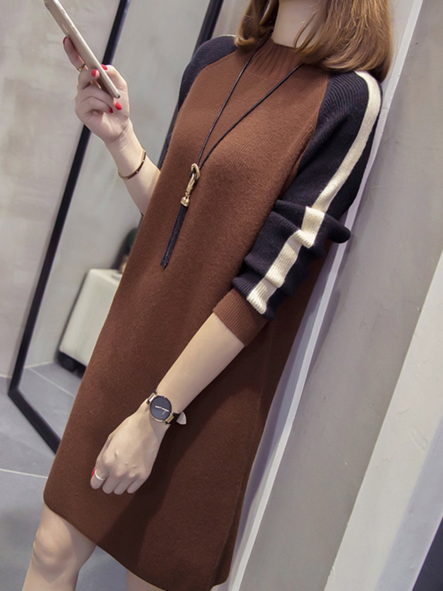 Band Collar Color Block Raglan Sleeve Shift Dress