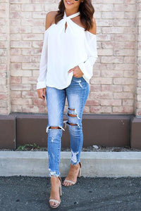 Open Shoulder  Cutout  Plain Blouses