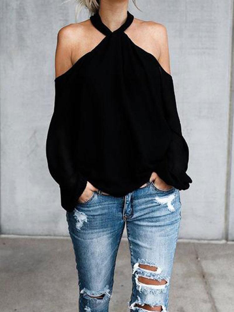 Open Shoulder  Cutout  Plain Blouses