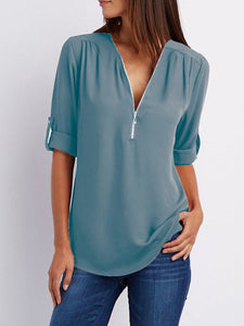 V Neck  Zipper  Patchwork Plain Blouses