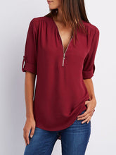 Load image into Gallery viewer, V Neck  Zipper  Patchwork Plain Blouses