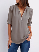 Load image into Gallery viewer, V Neck  Zipper  Patchwork Plain Blouses