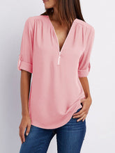 Load image into Gallery viewer, V Neck  Zipper  Patchwork Plain Blouses