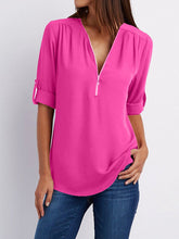 Load image into Gallery viewer, V Neck  Zipper  Patchwork Plain Blouses