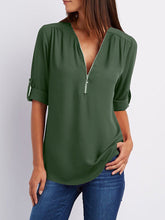 Load image into Gallery viewer, V Neck  Zipper  Patchwork Plain Blouses