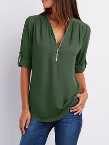 V Neck  Zipper  Patchwork Plain Blouses