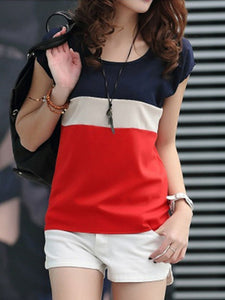 Round Neck  Color Block Short Sleeve T-Shirts