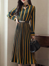 Load image into Gallery viewer, Round Neck Cutout Vertical Striped Belt Midi Skater Dress