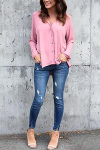 V Neck  Asymmetric Hem Single Breasted  Plain  Blouses