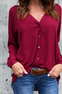 V Neck  Asymmetric Hem Single Breasted  Plain  Blouses