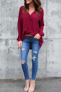 V Neck  Asymmetric Hem Single Breasted  Plain  Blouses