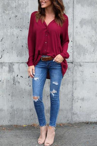 V Neck  Asymmetric Hem Single Breasted  Plain  Blouses