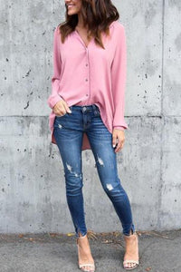 V Neck  Asymmetric Hem Single Breasted  Plain  Blouses