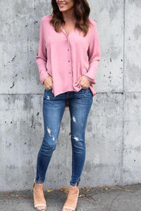 V Neck  Asymmetric Hem Single Breasted  Plain  Blouses