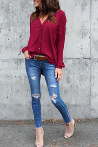 V Neck  Asymmetric Hem Single Breasted  Plain  Blouses