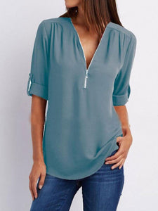 V-Neck  Zips  Plain  Roll-Up Sleeve  Long Sleeve Blouses