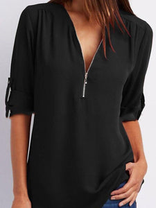 V-Neck  Zips  Plain  Roll-Up Sleeve  Long Sleeve Blouses