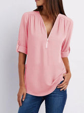 Load image into Gallery viewer, V-Neck  Zips  Plain  Roll-Up Sleeve  Long Sleeve Blouses