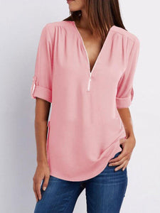 V-Neck  Zips  Plain  Roll-Up Sleeve  Long Sleeve Blouses