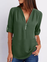 Load image into Gallery viewer, V-Neck  Zips  Plain  Roll-Up Sleeve  Long Sleeve Blouses