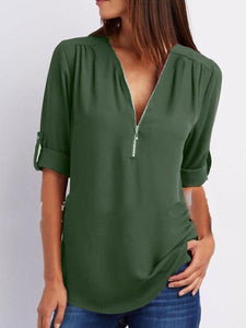 V-Neck  Zips  Plain  Roll-Up Sleeve  Long Sleeve Blouses