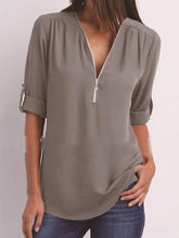 Load image into Gallery viewer, V-Neck  Zips  Plain  Roll-Up Sleeve  Long Sleeve Blouses