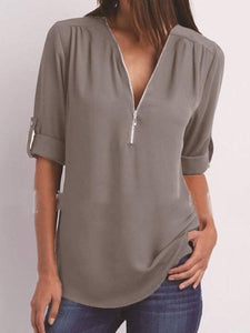 V-Neck  Zips  Plain  Roll-Up Sleeve  Long Sleeve Blouses