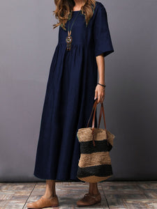 Round Neck  Plain  Cotton/Linen Maxi Dress