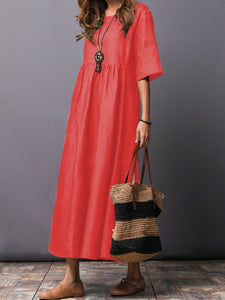 Round Neck  Plain  Cotton/Linen Maxi Dress