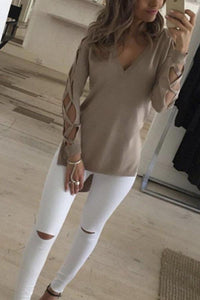 V Neck  Asymmetric Hem Side Slit  Hollow Out Plain T-Shirts