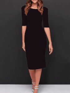 Boat Neck  Plain  Blend Bodycon Dress