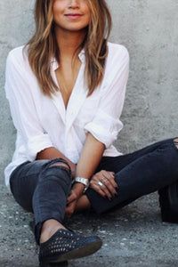 Turn Down Collar  Single Breasted  Plain  Blouses