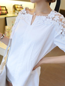 Cotton  V-Neck  Decorative Lace  Plain  Short Sleeve Blouse