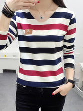 Load image into Gallery viewer, V Neck  Striped Long Sleeve T-Shirts