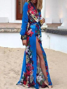 Deep V Neck  Asymmetric Hem Loose Printed Maxi Dresses