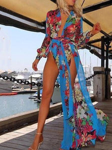 Deep V Neck  Asymmetric Hem Loose Printed Maxi Dresses