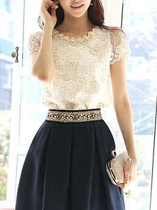 Spring Summer  Lace  Women  Round Neck  Decorative Lace  Lace  Short Sleeve Blouses