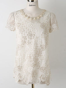 Spring Summer  Lace  Women  Round Neck  Decorative Lace  Lace  Short Sleeve Blouses