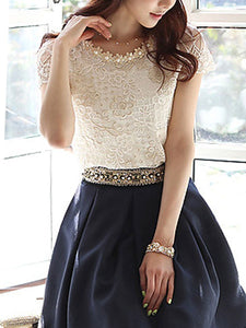 Spring Summer  Lace  Women  Round Neck  Decorative Lace  Lace  Short Sleeve Blouses