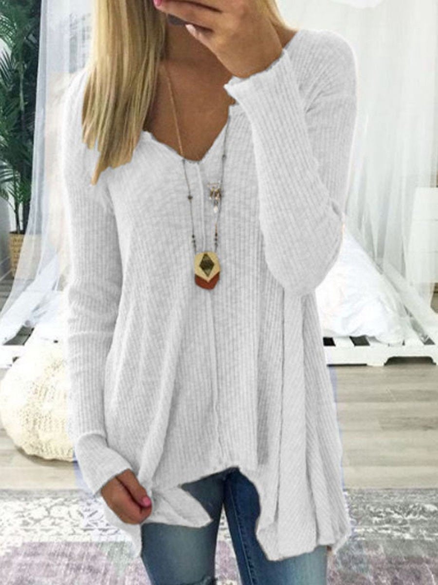 V Neck  Asymmetric Hem  Plain Sweaters