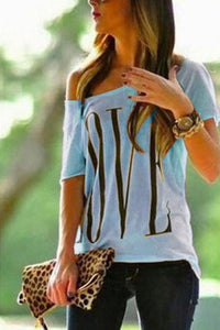 One Shoulder  Letters Short Sleeve T-Shirts