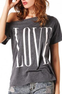 One Shoulder  Letters Short Sleeve T-Shirts