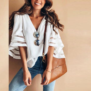 Summer  Style Sexy Deep V Neck Trumpet Sleeve Blouse