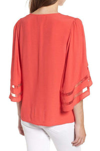 V Neck Plain Bell Sleeve Blouses