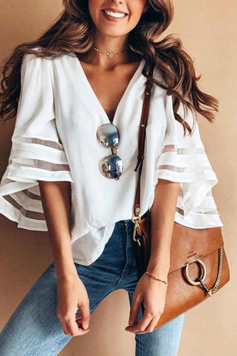 V Neck Plain Bell Sleeve Blouses