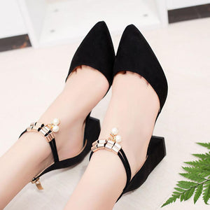 Plain  Chunky  High Heeled  Ankle Strap  Point Toe  Date Event Pumps