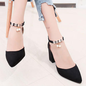 Plain  Chunky  High Heeled  Ankle Strap  Point Toe  Date Event Pumps