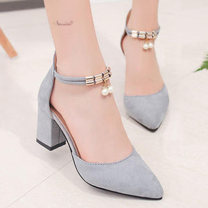 Plain  Chunky  High Heeled  Ankle Strap  Point Toe  Date Event Pumps