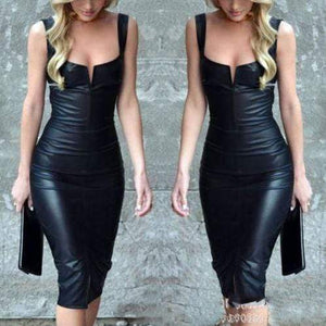 Elegant Black Sleeveless PU Bodycon Dress